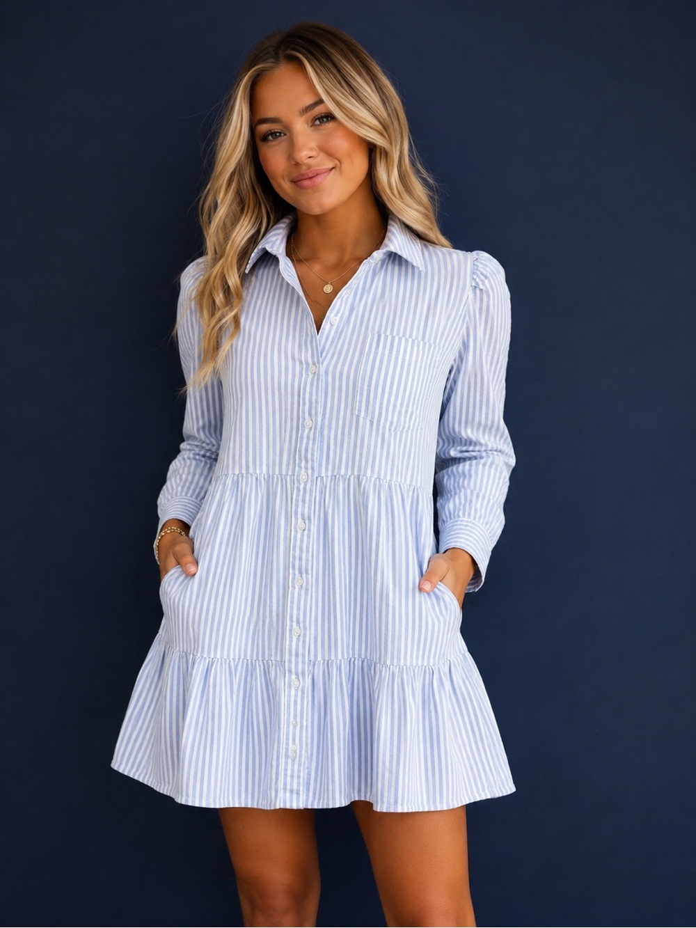 Crown & Ivy • Striped Long Sleeve Tiered Mini Dress